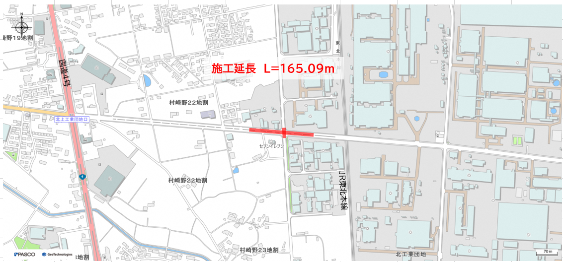 奥羽生コンクリート付近から飯豊東部幹線道路跨線橋までの区間で工事を行います。