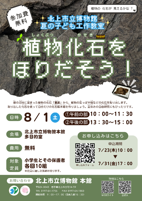 北上市立博物館令和8年度夏の工作教室チラシ「植物化石をほりだそう!」
