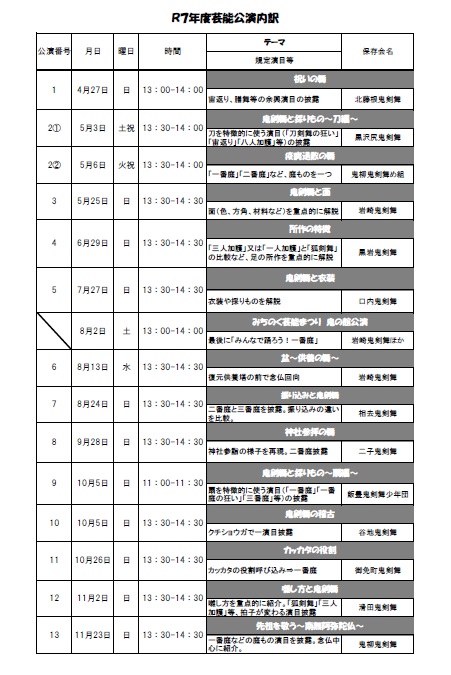 令和7年度芸能公演スケジュール