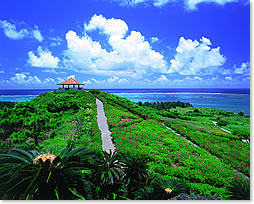 姉妹都市 沖縄県石垣市の青空に緑の山が映える画像