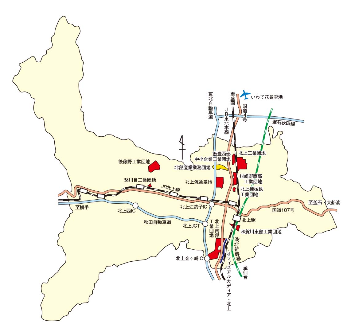 北上市内工業団地位置図